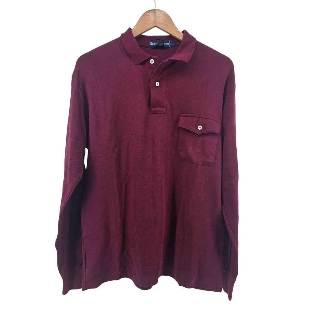 Ralph Lauren Polo Shirt Men L Burgundy Long Sleeve Equestrian Flap Pocket Cotton